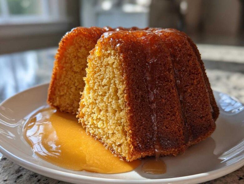 Close-up of a slice of moist Bacardi rum cake drizzled with golden rum glaze on a white plate.