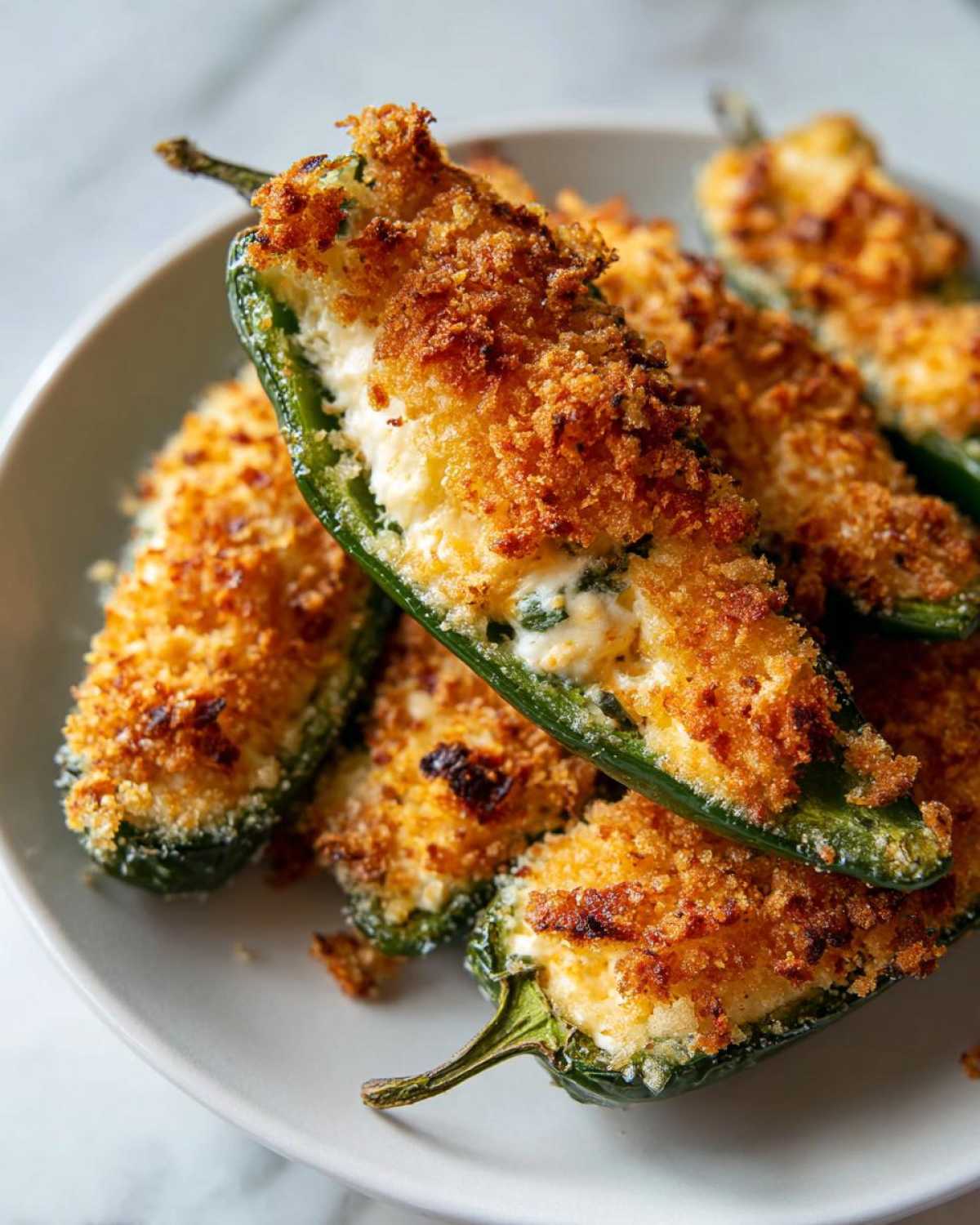 Close-up of baked jalapeño poppers stuffed with cream cheese and topped with golden, crispy breadcrumbs.