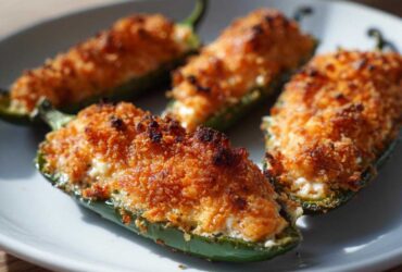 Four baked jalapeño poppers stuffed with creamy filling and topped with a golden, crispy breadcrumb crust.