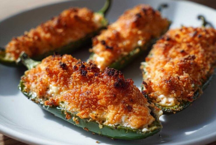 Four baked jalapeño poppers stuffed with creamy filling and topped with a golden, crispy breadcrumb crust.