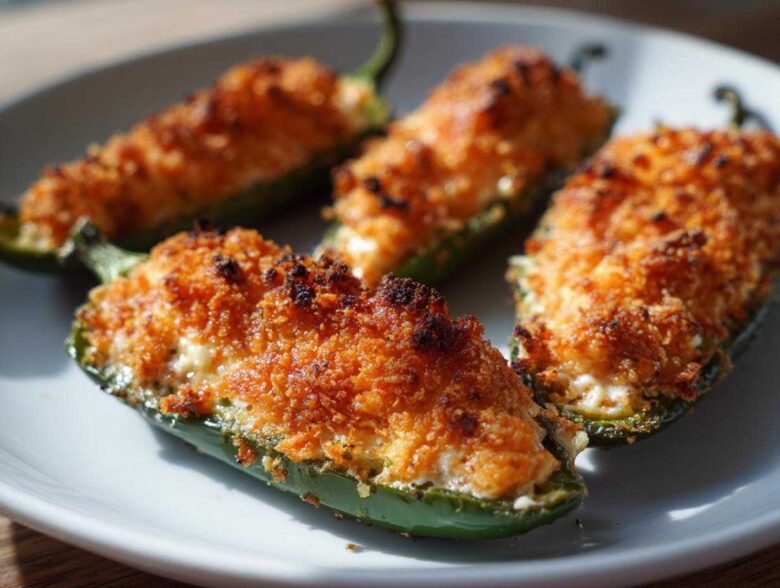 Four baked jalapeño poppers stuffed with creamy filling and topped with a golden, crispy breadcrumb crust.