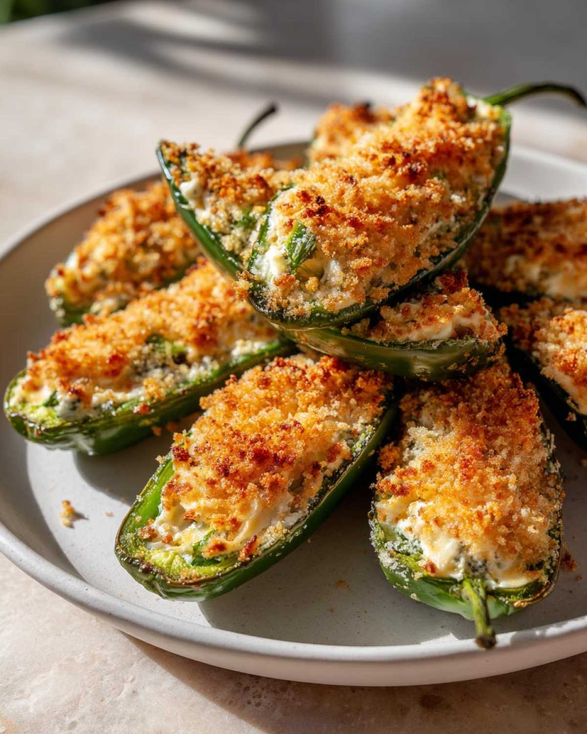 A plate piled high with baked Jalapeño poppers stuffed with cream cheese and topped with golden brown breadcrumbs.