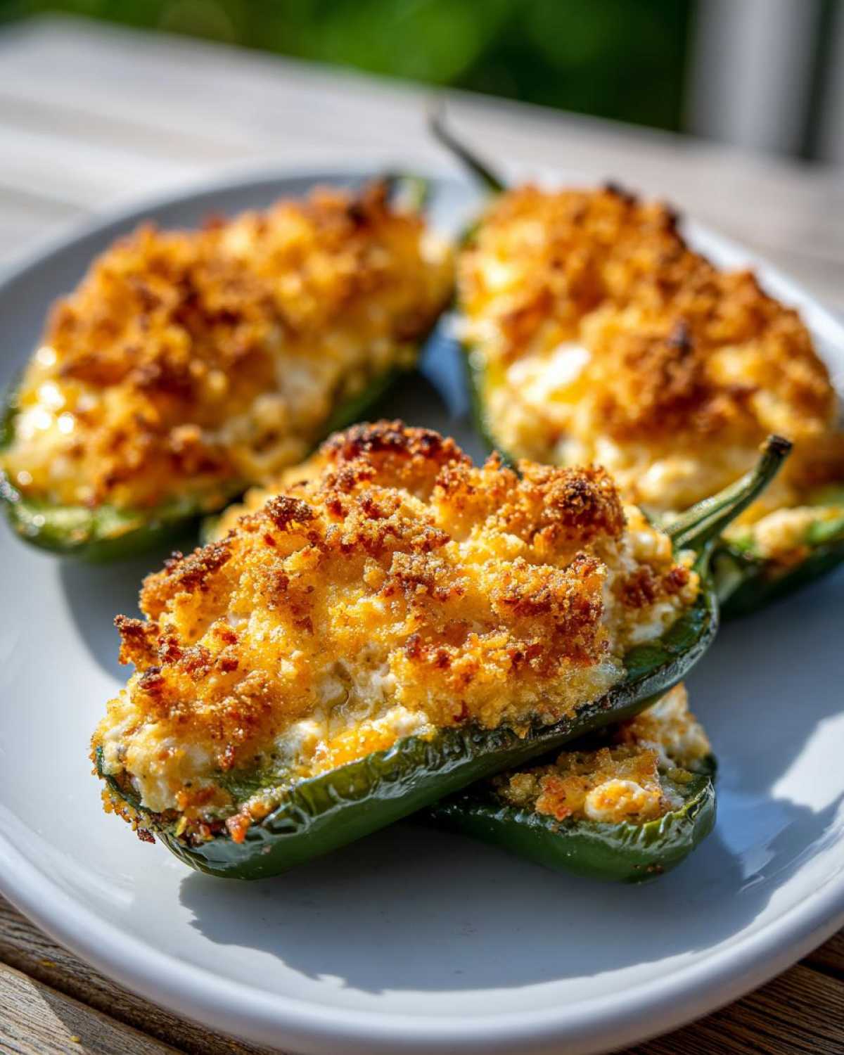 Close-up of baked jalapeño poppers stuffed with cheese and topped with a golden, crispy breadcrumb crust.