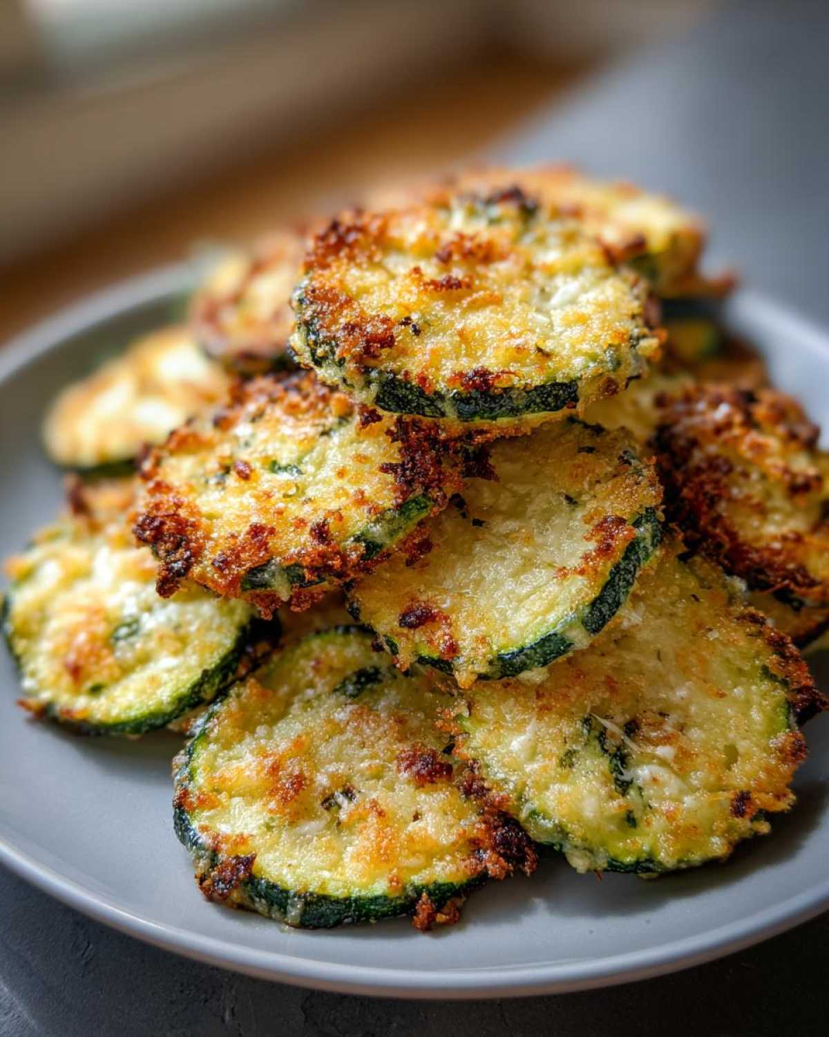 A stack of golden brown baked parmesan zucchini slices piled high on a gray plate.