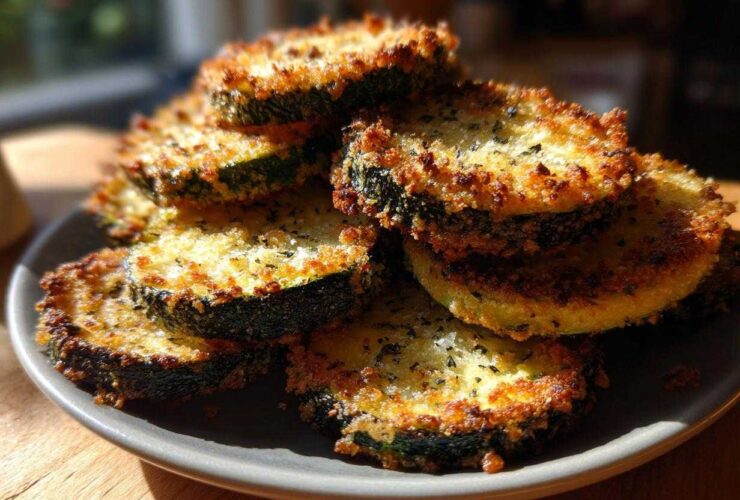 A stack of golden brown baked parmesan zucchini slices with crispy edges piled on a dark gray plate.