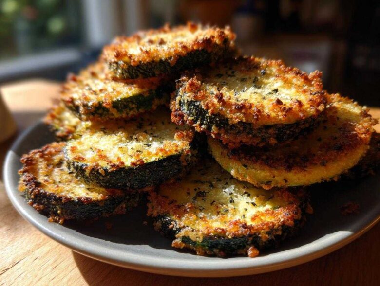 A stack of golden brown baked parmesan zucchini slices with crispy edges piled on a dark gray plate.
