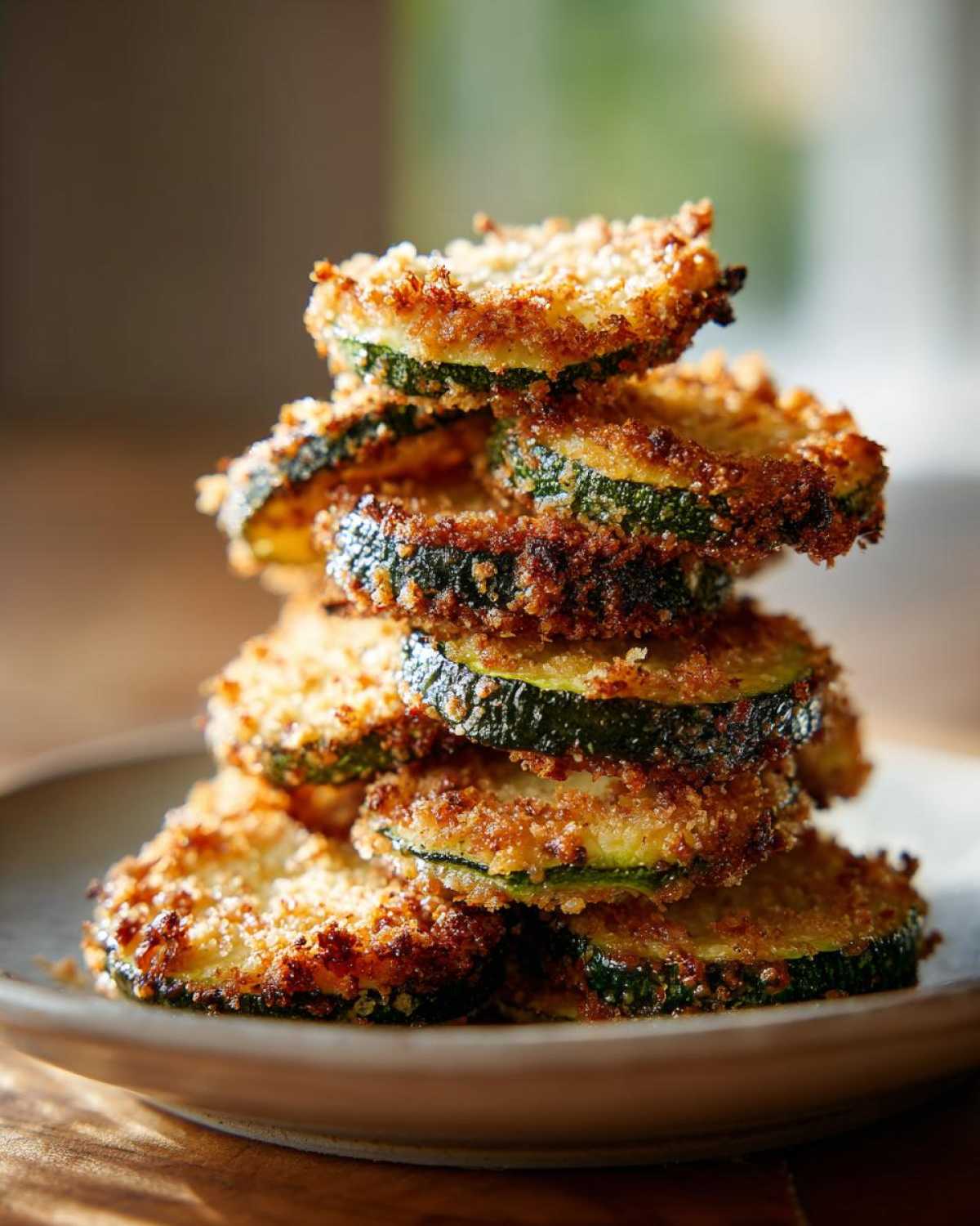 A tall stack of crispy, golden-brown baked parmesan zucchini slices resting on a light brown plate.