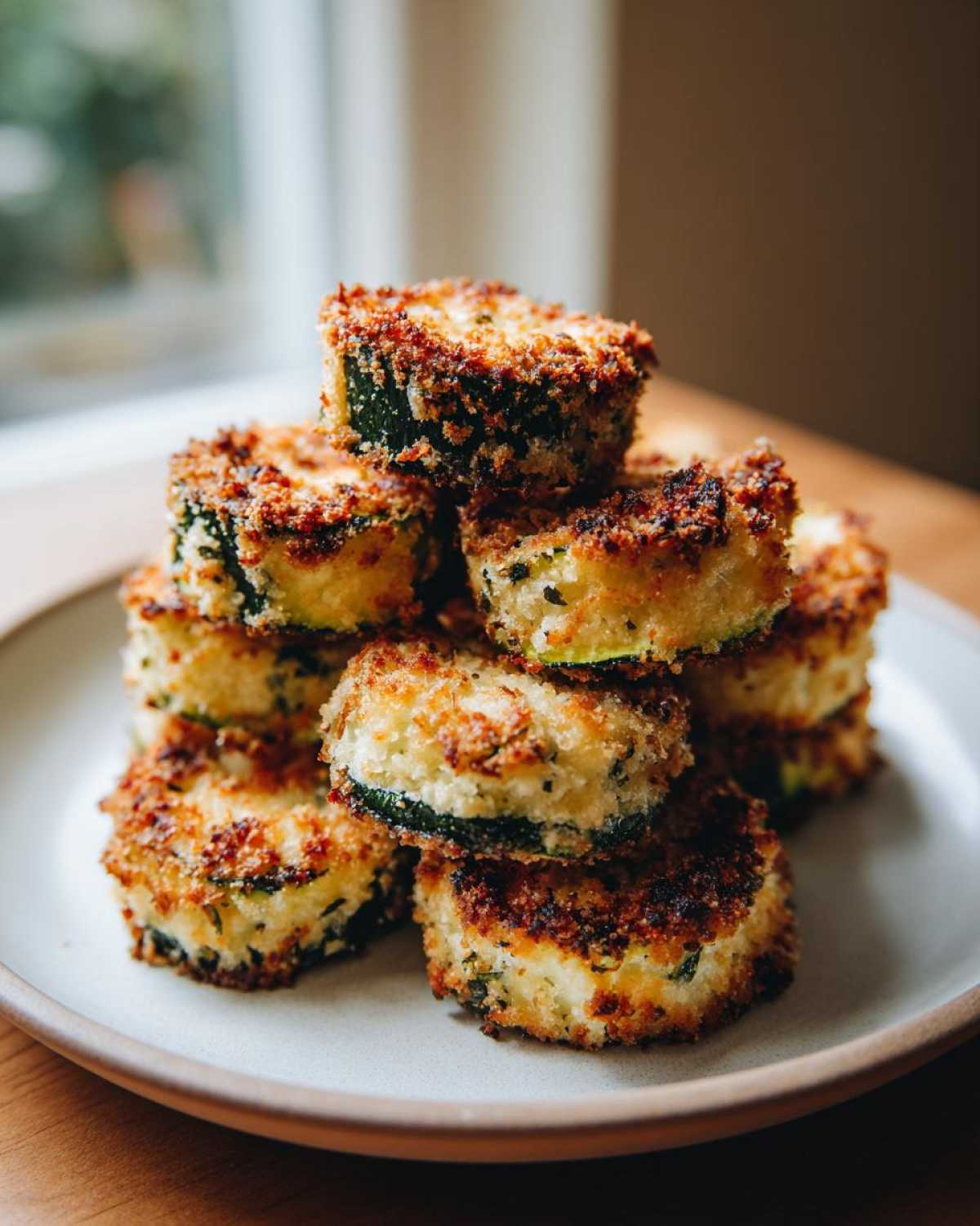 A stack of golden brown, crispy baked parmesan zucchini slices piled high on a light plate.