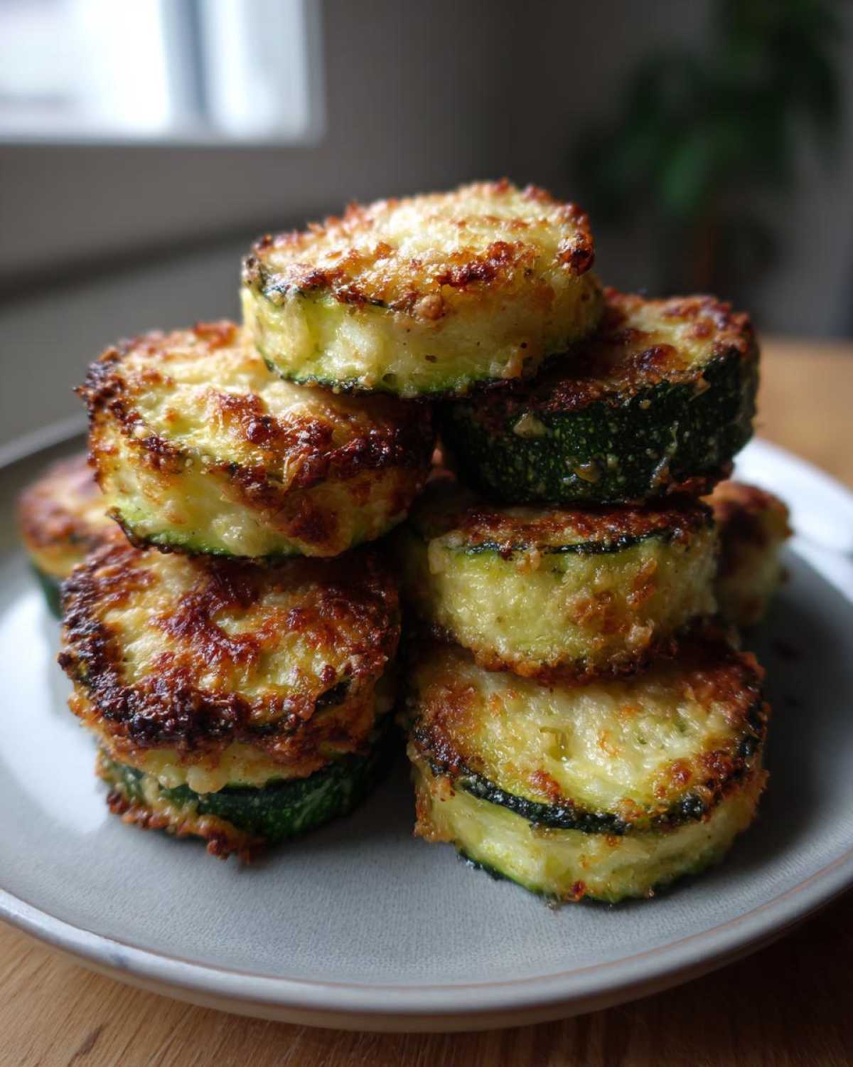 Close-up of a stack of golden brown baked parmesan zucchini slices on a light gray plate.