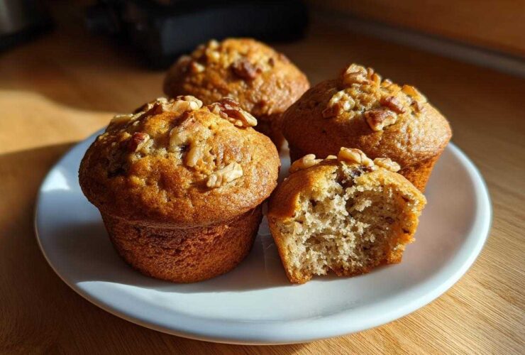 Four golden brown banana nut muffins on a white plate, one is broken open showing the moist crumb.