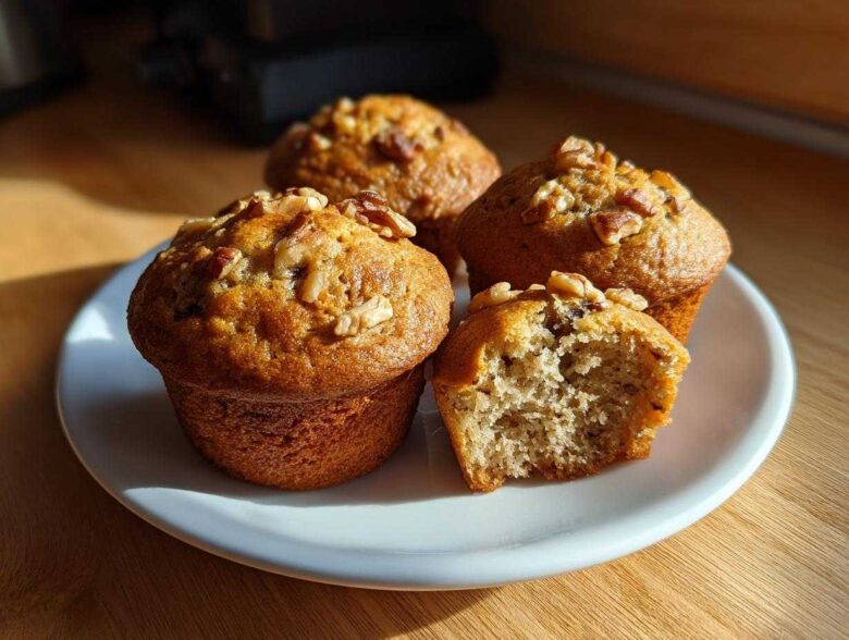 Four golden brown banana nut muffins on a white plate, one is broken open showing the moist crumb.