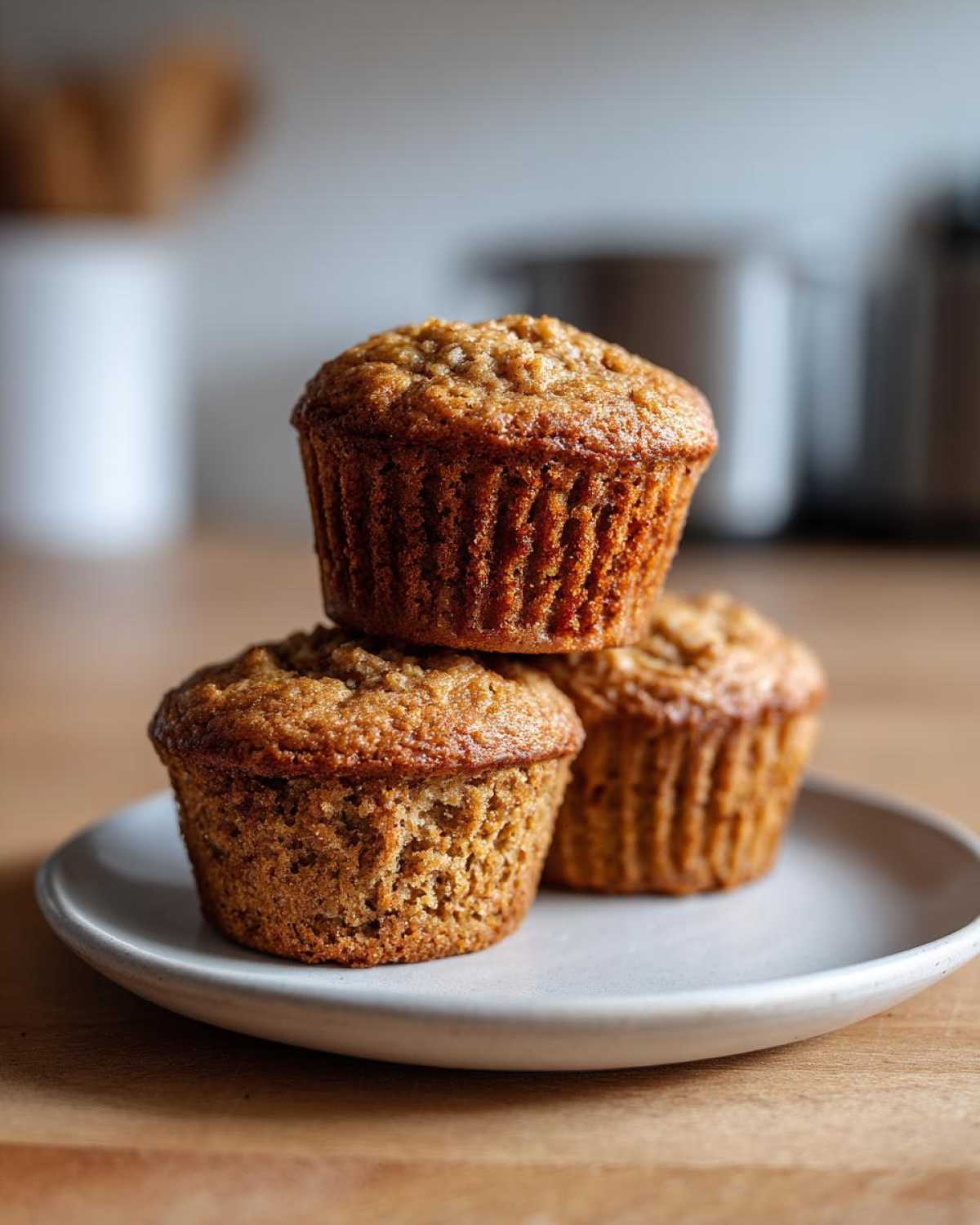 Three golden brown banana protein muffins stacked on a small white plate on a wooden surface.