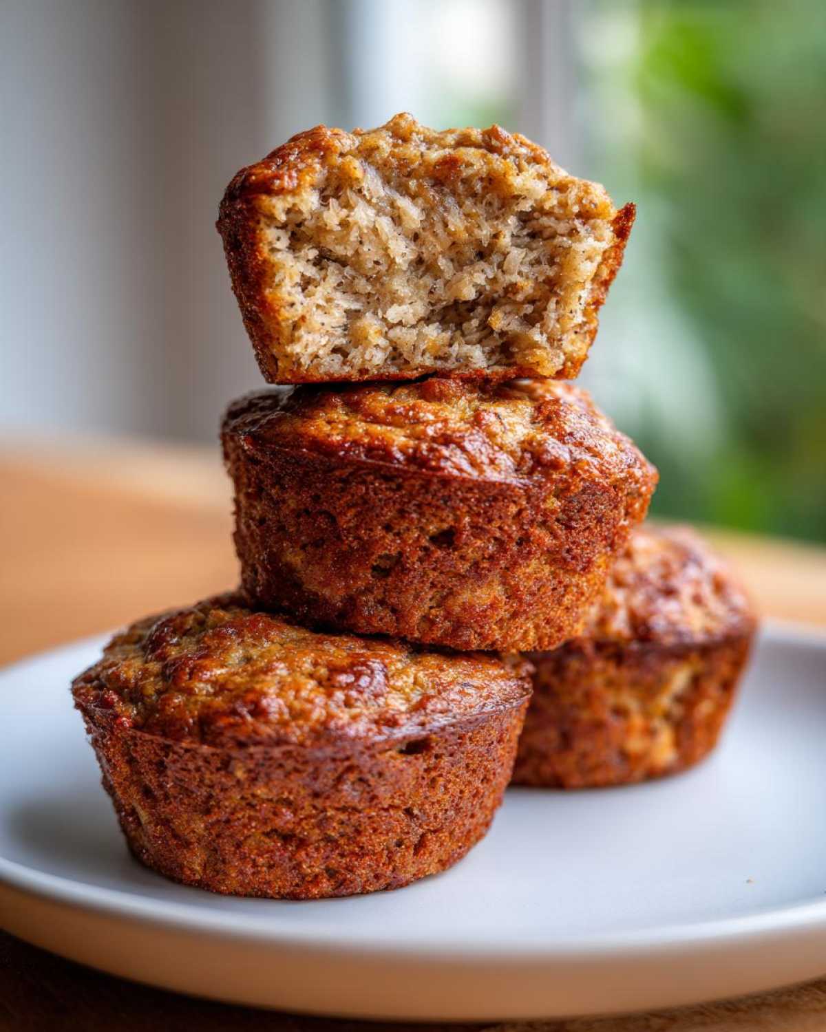 A stack of three golden-brown banana protein muffins, with the top one broken open showing the moist interior texture.