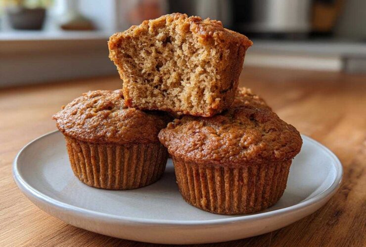 A stack of three golden-brown banana protein muffins, one cut open to show the moist interior.
