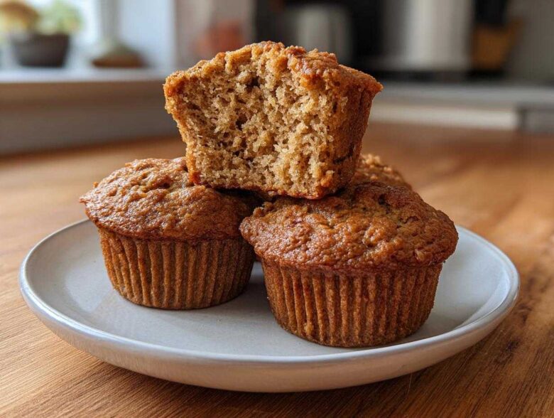 A stack of three golden-brown banana protein muffins, one cut open to show the moist interior.