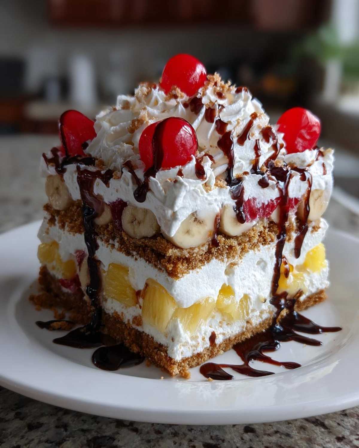 A decadent slice of banana split cake layered with cream, pineapple, bananas, and topped with whipped cream and cherries.