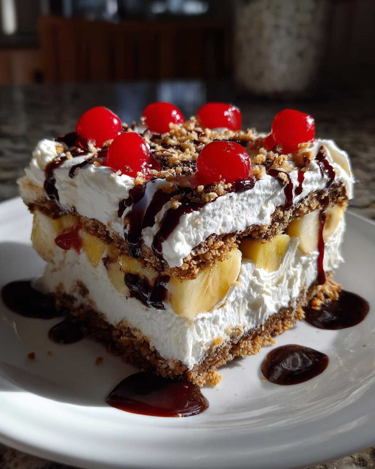 A decadent slice of banana split cake featuring layers of cream, bananas, chocolate drizzle, nuts, and maraschino cherries.