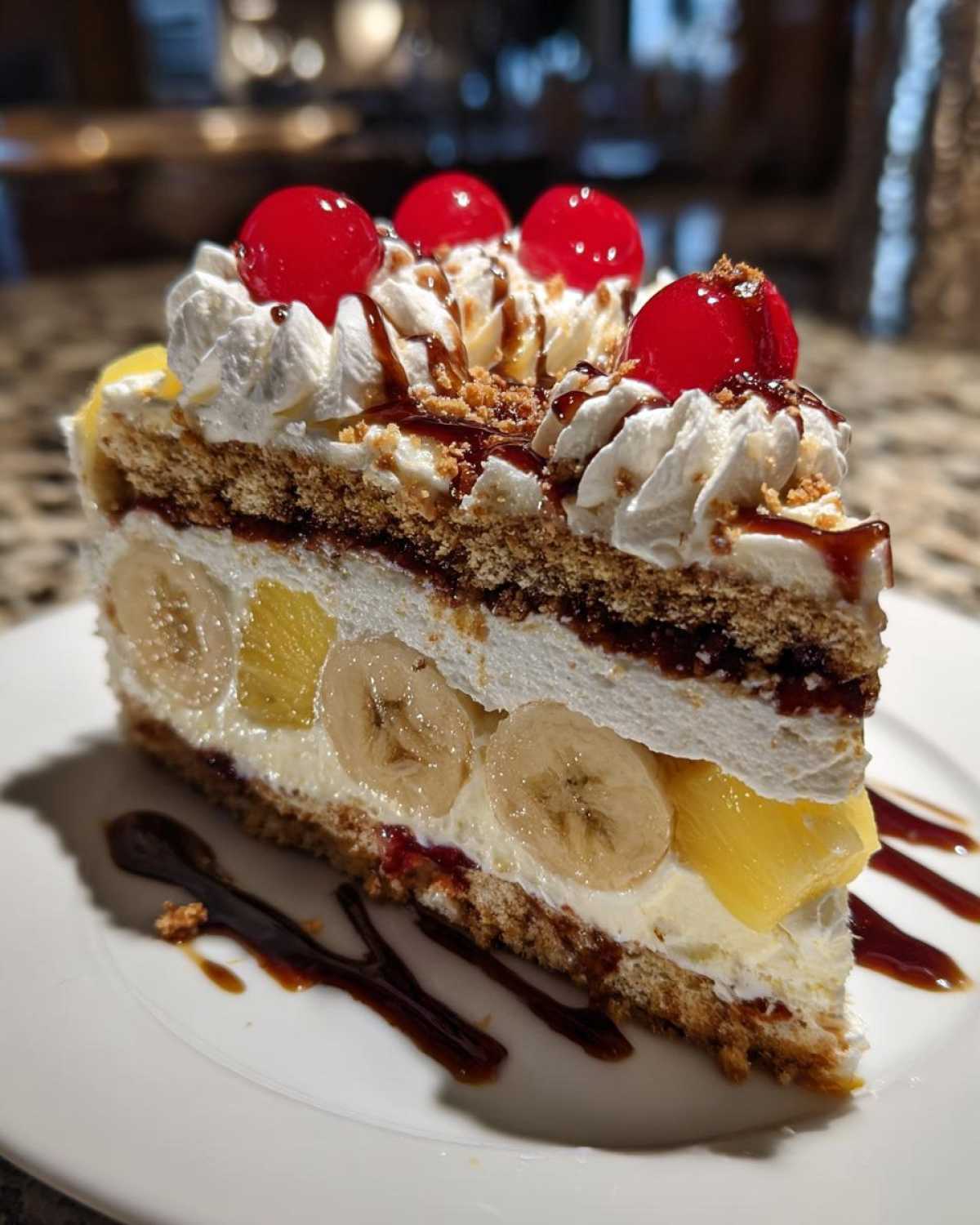 A tall slice of banana split cake featuring layers of crust, cream, banana slices, pineapple, whipped topping, cherries, and chocolate drizzle.