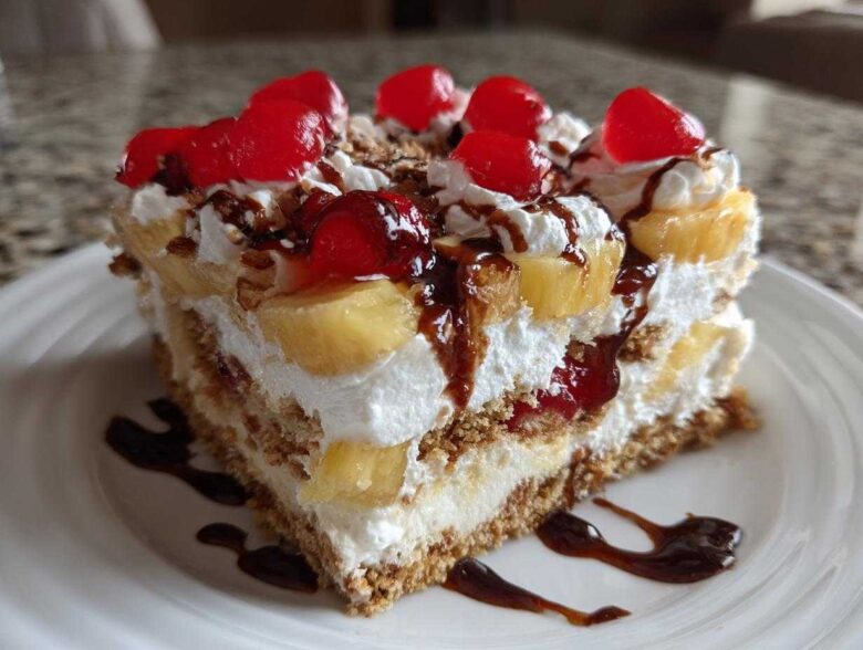 A decadent slice of banana split cake featuring layers of cream, bananas, and topped with whipped cream and maraschino cherries.
