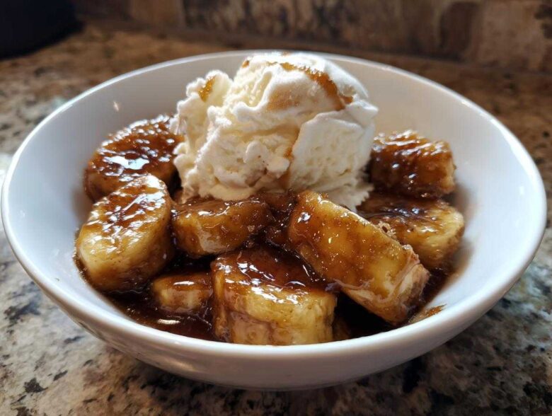 A white bowl filled with caramelized bananas foster and a scoop of vanilla ice cream melting on top.