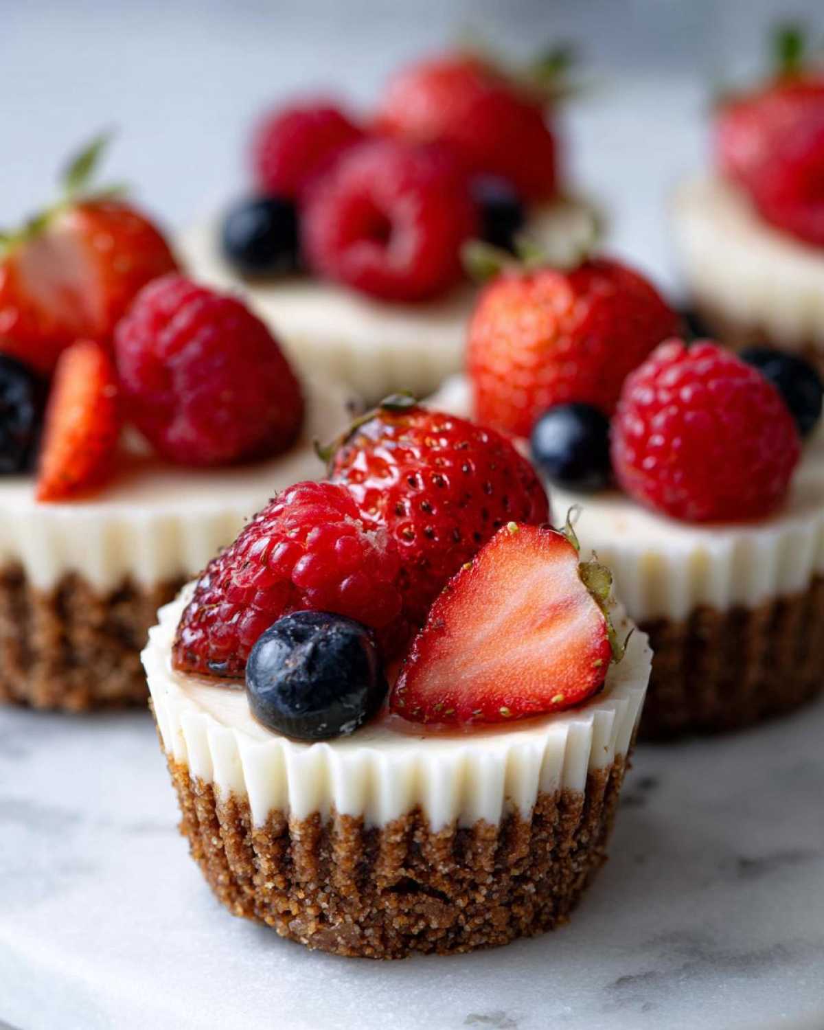 Close-up of a single, perfectly formed cheesecake bite topped with fresh strawberries, raspberries, and a blueberry.