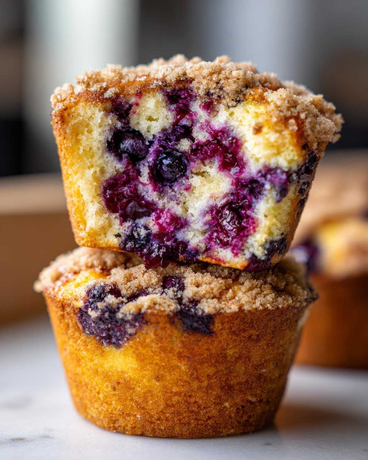 Two stacked blueberry muffins, one cut in half showing moist interior packed with blueberries and a crumb topping.