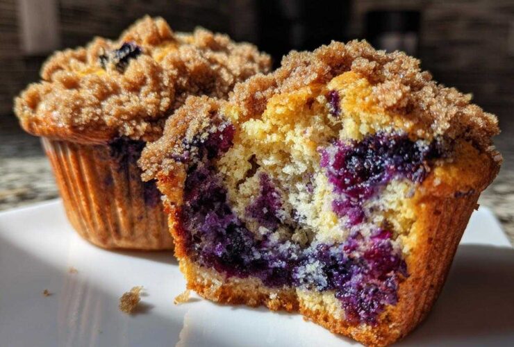 A close-up of a blueberry muffin cut in half showing moist interior packed with blueberries and a crunchy streusel topping.