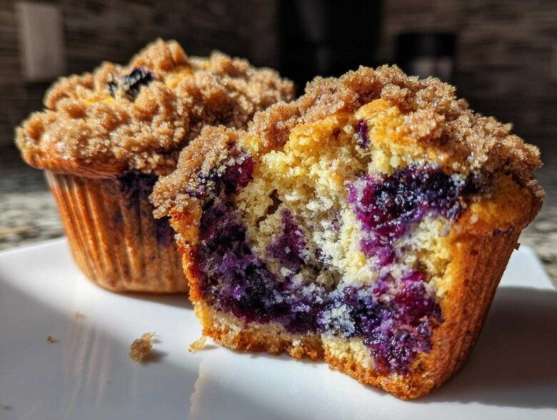 A close-up of a blueberry muffin cut in half showing moist interior packed with blueberries and a crunchy streusel topping.