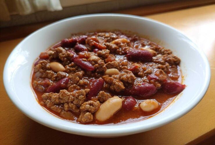 A close-up of a white bowl filled with the best chili recipe, featuring ground meat, kidney beans, and white beans in a rich red sauce.