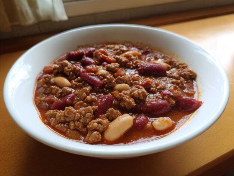 A close-up of a white bowl filled with the best chili recipe, featuring ground meat, kidney beans, and white beans in a rich red sauce.