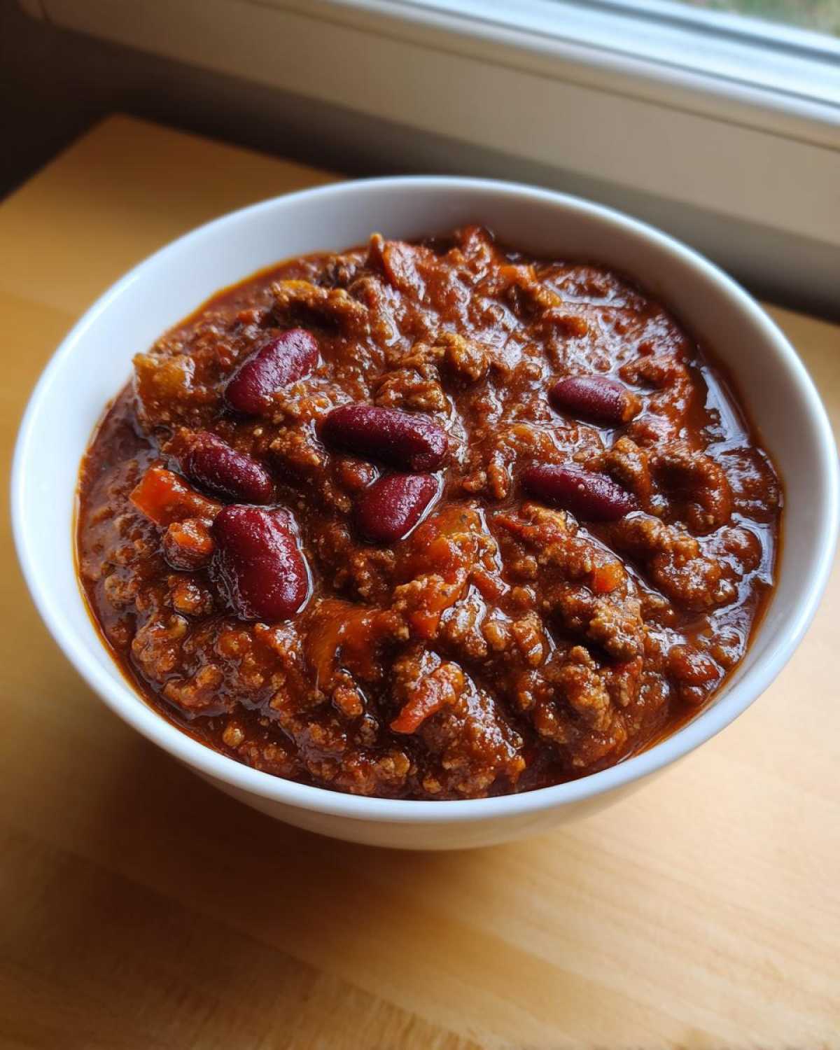 Close-up of a white bowl filled with rich, thick chili, featuring ground meat and visible kidney beans, showcasing the best chili recipe.