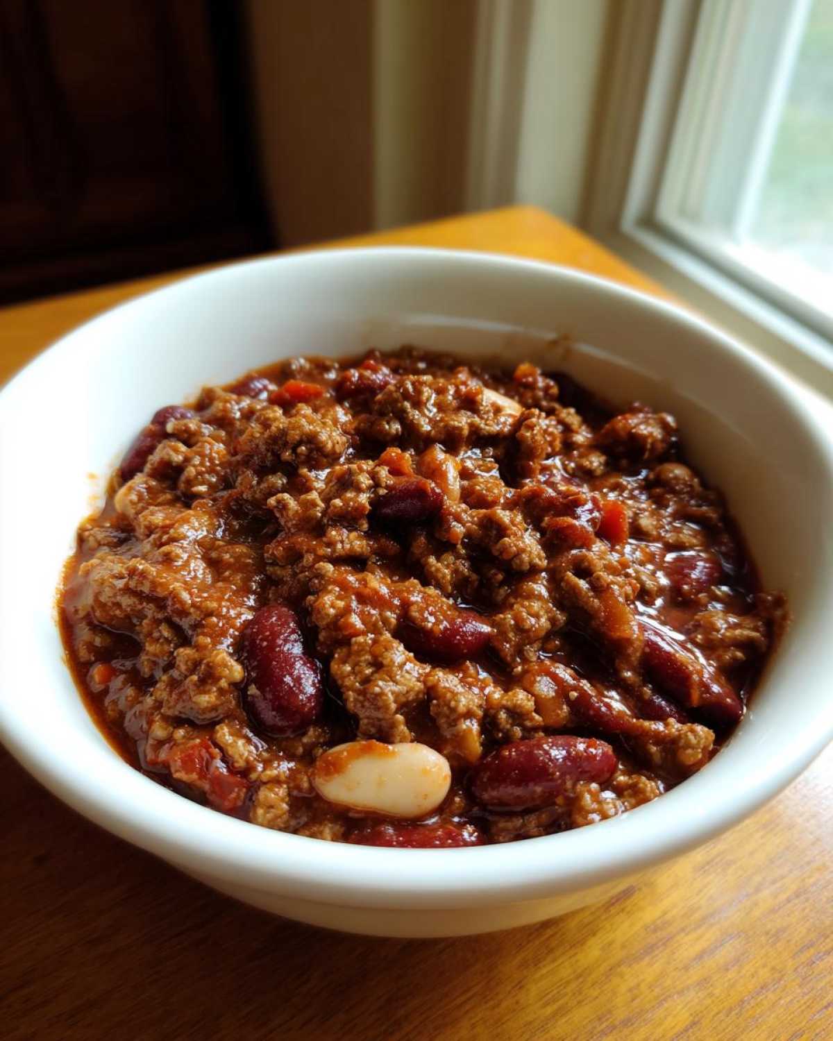 A close-up of a white bowl filled with rich, meaty chili featuring kidney beans and one white bean, set on a wooden table.