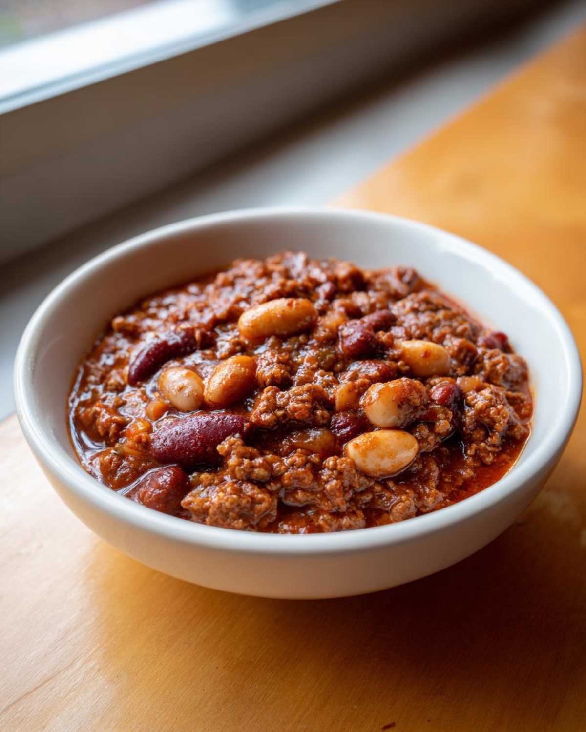 Close-up of a white bowl filled with the best chili recipe, featuring ground meat, red kidney beans, and white beans.