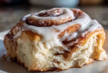 A close-up, mouth-watering shot of a single, soft cinnamon roll topped generously with white cream cheese frosting.