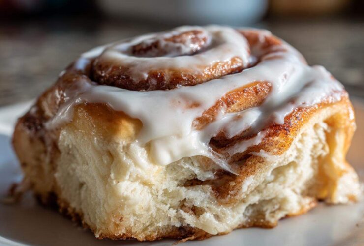 A close-up, mouth-watering shot of a single, soft cinnamon roll topped generously with white cream cheese frosting.