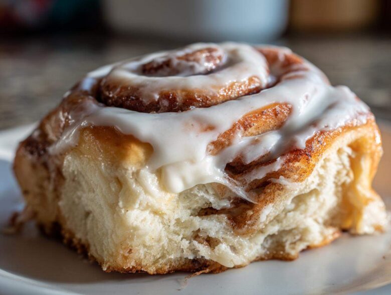 A close-up, mouth-watering shot of a single, soft cinnamon roll topped generously with white cream cheese frosting.