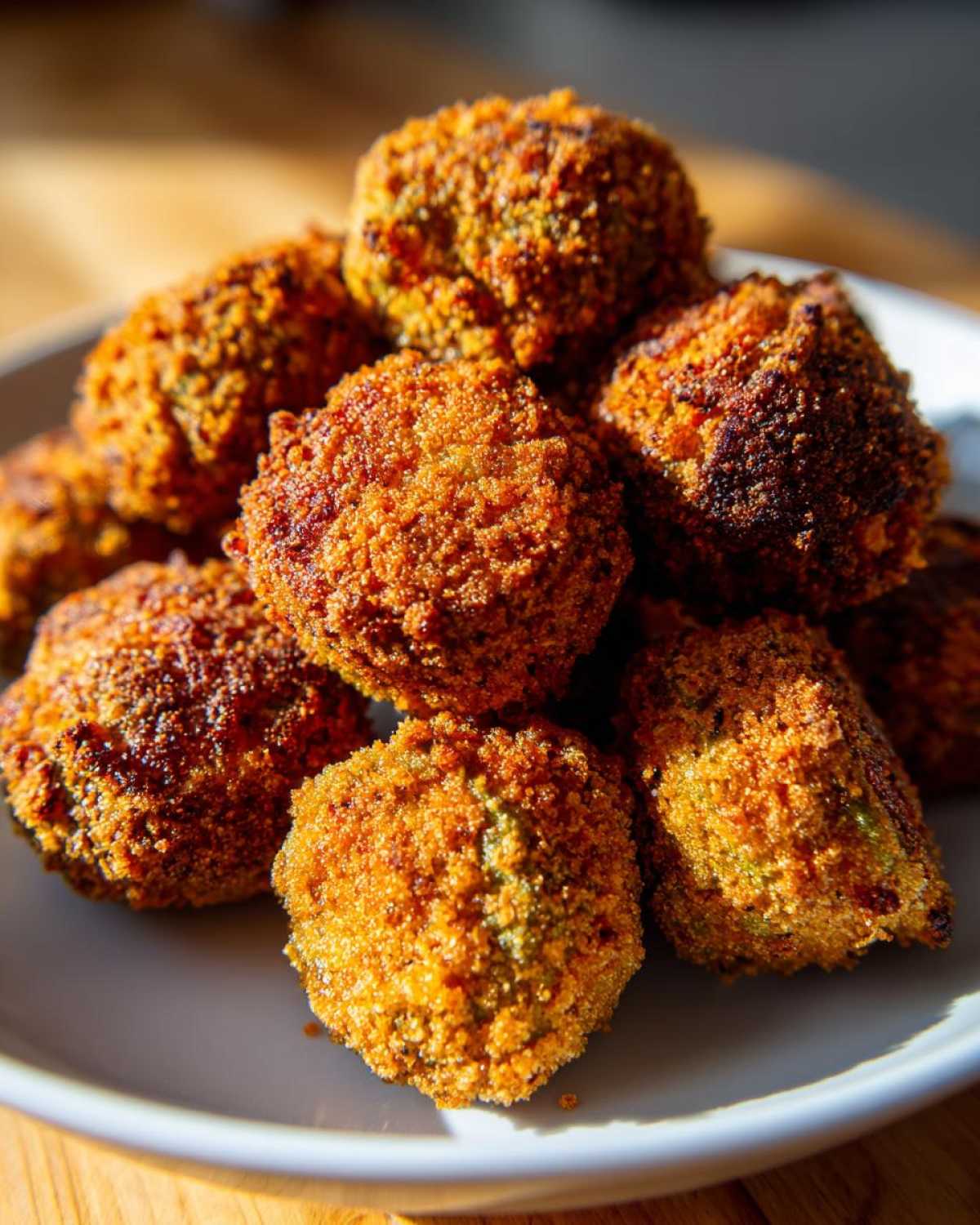 Close-up of a pile of perfectly golden brown, crispy fried okra balls stacked on a white plate.
