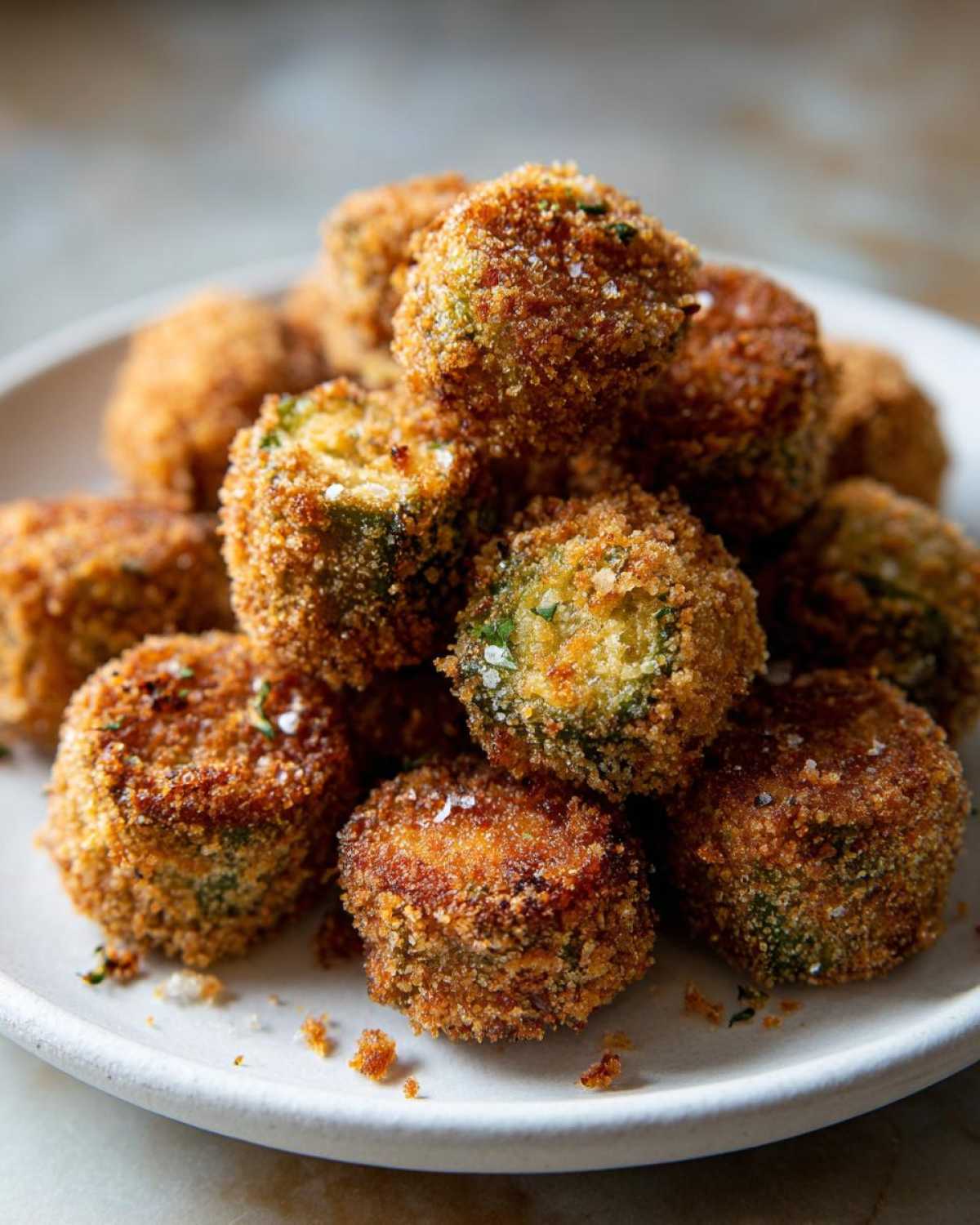 Close-up of a pile of perfectly golden brown, crispy fried okra pieces sprinkled with sea salt.