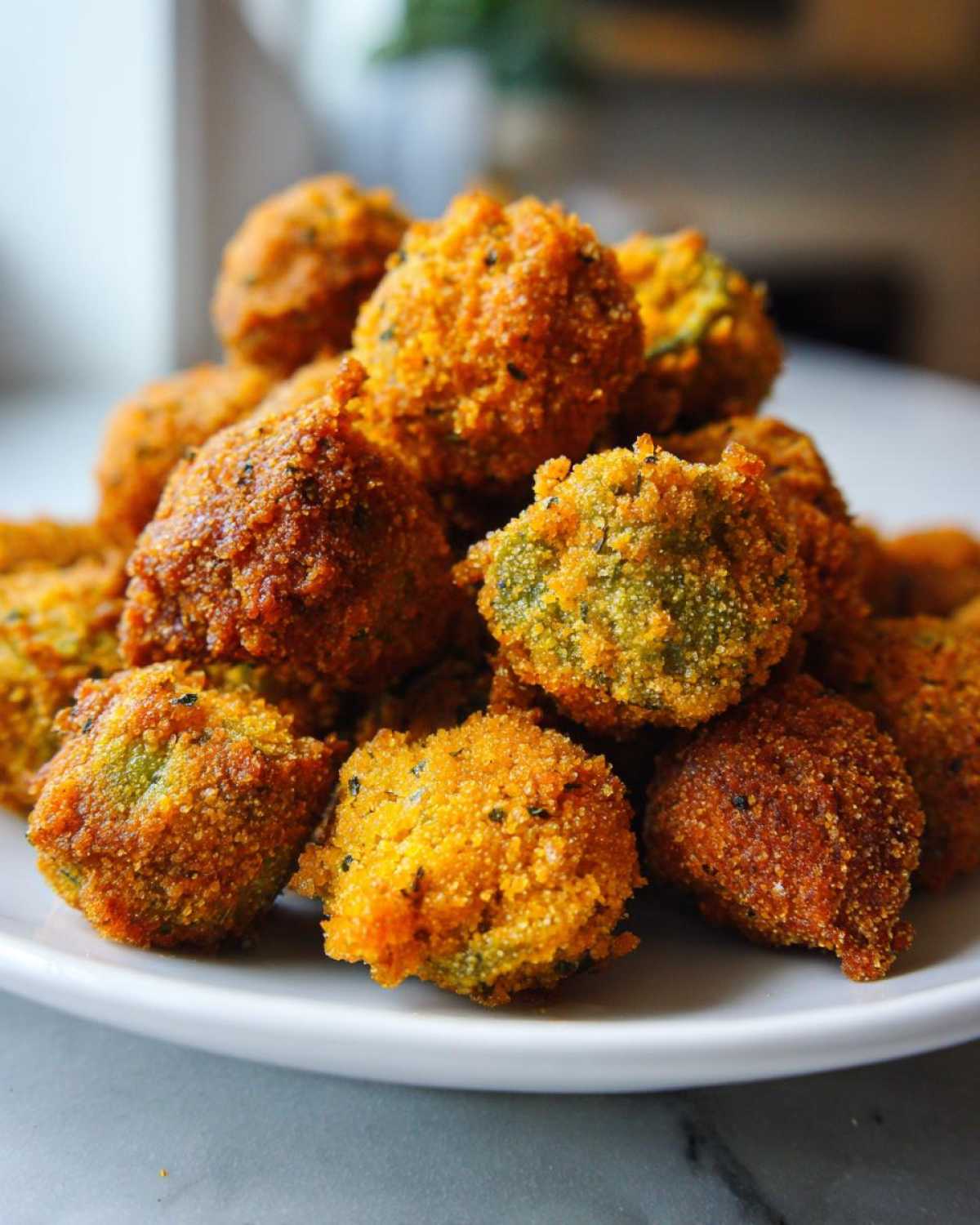 A close-up of a mound of golden brown, crispy fried okra pieces piled high on a white plate.