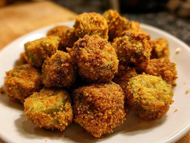 A close-up of a pile of golden brown, crispy fried okra pieces served on a white plate.