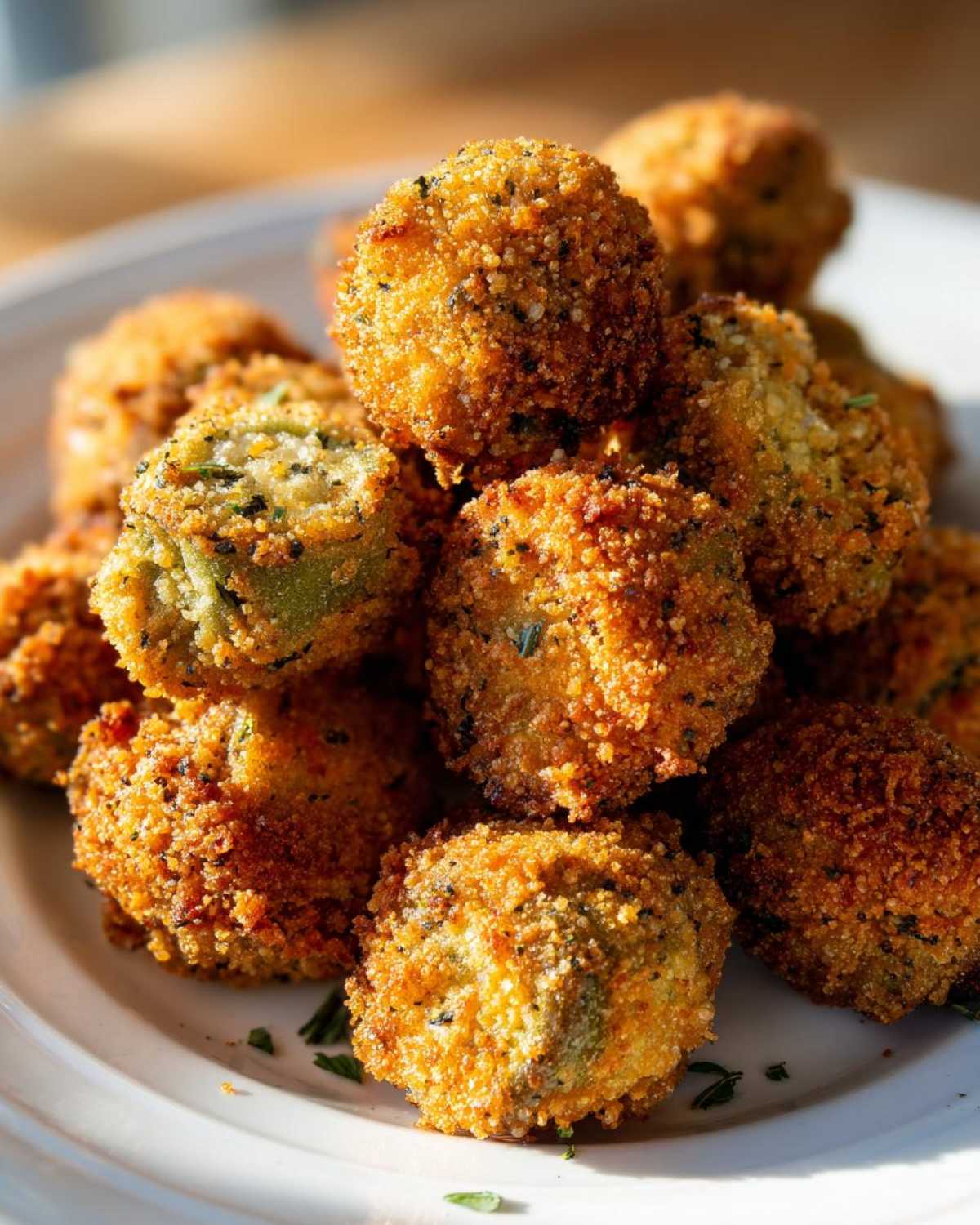 Close-up of golden brown, crispy fried okra pieces piled high on a white plate.