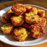 A pile of perfectly golden brown, crispy fried okra pieces served on a white plate.