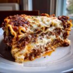 Close-up of a thick, cheesy slice of homemade lasagna showing layers of pasta, meat sauce, and melted cheese.