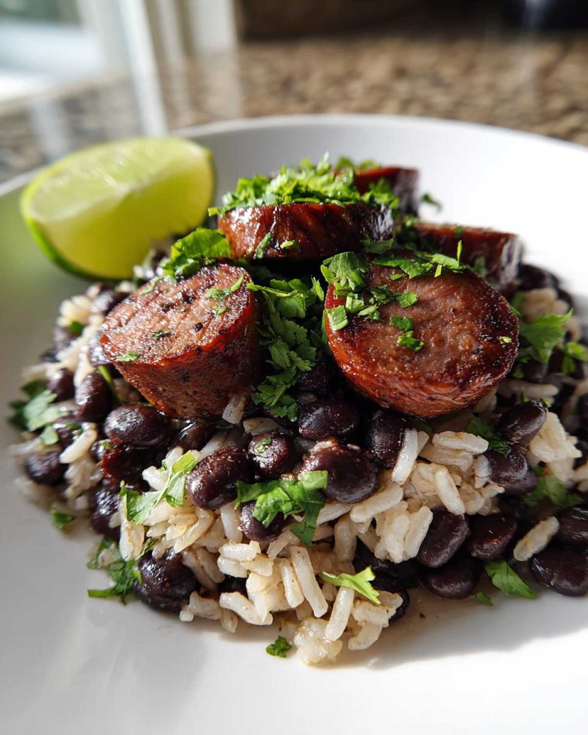 Close-up of a serving of black beans and rice topped with sliced, seared sausage and fresh cilantro, garnished with a lime wedge.