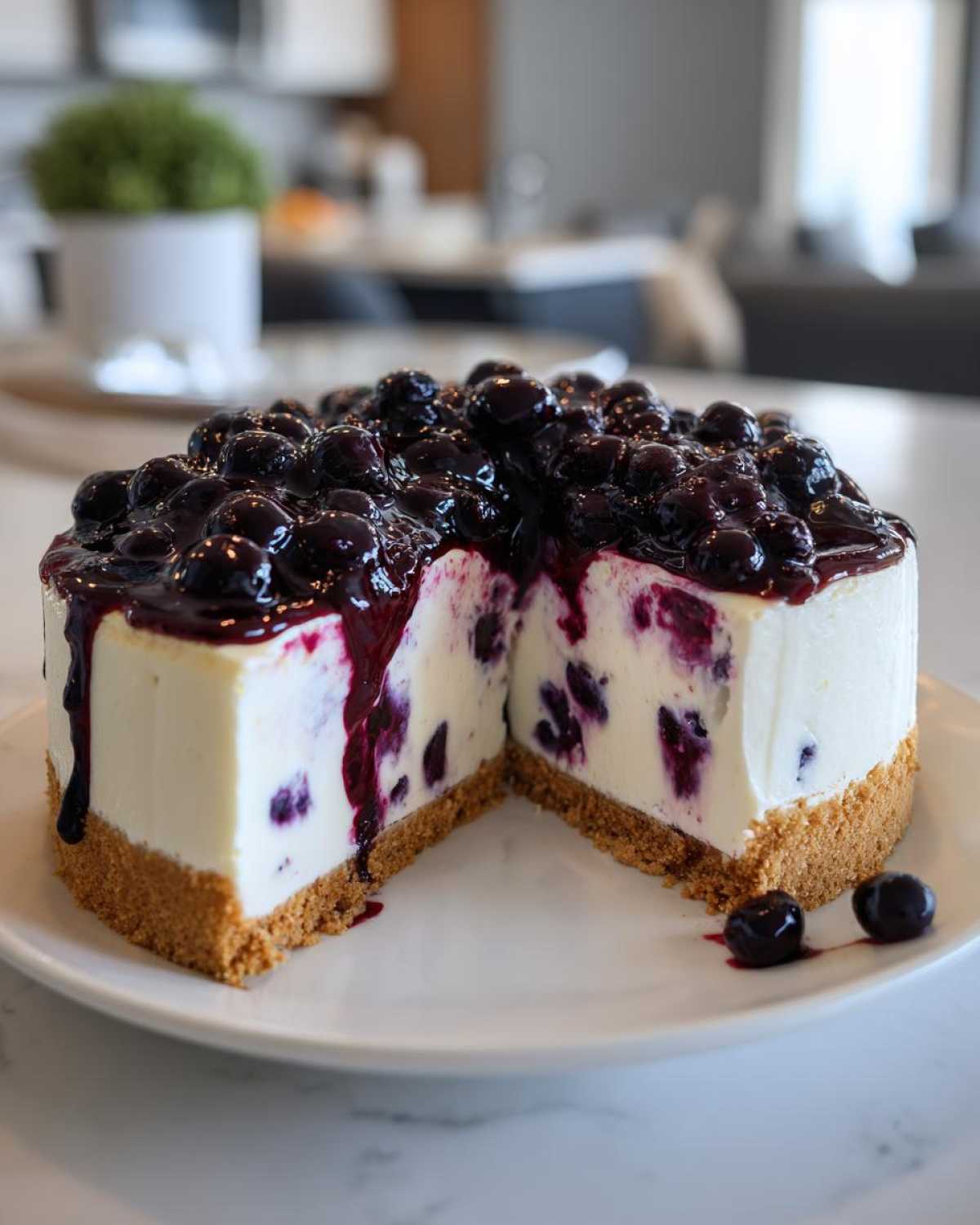 A creamy, no-bake blueberry cheesecake with a thick graham cracker crust, topped with blueberry compote.