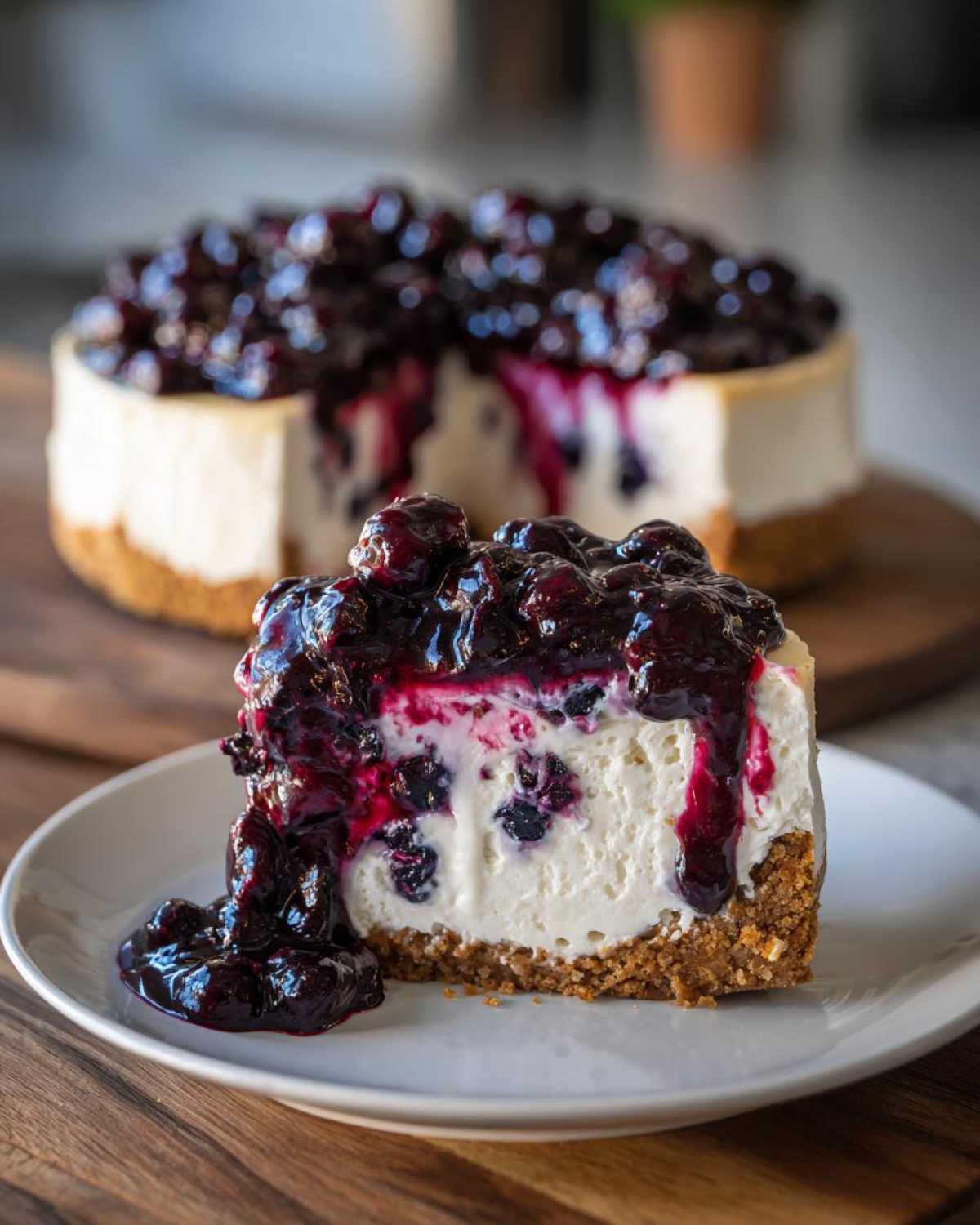 A close-up slice of creamy blueberry cheesecake with a thick, glossy blueberry topping dripping down the side.