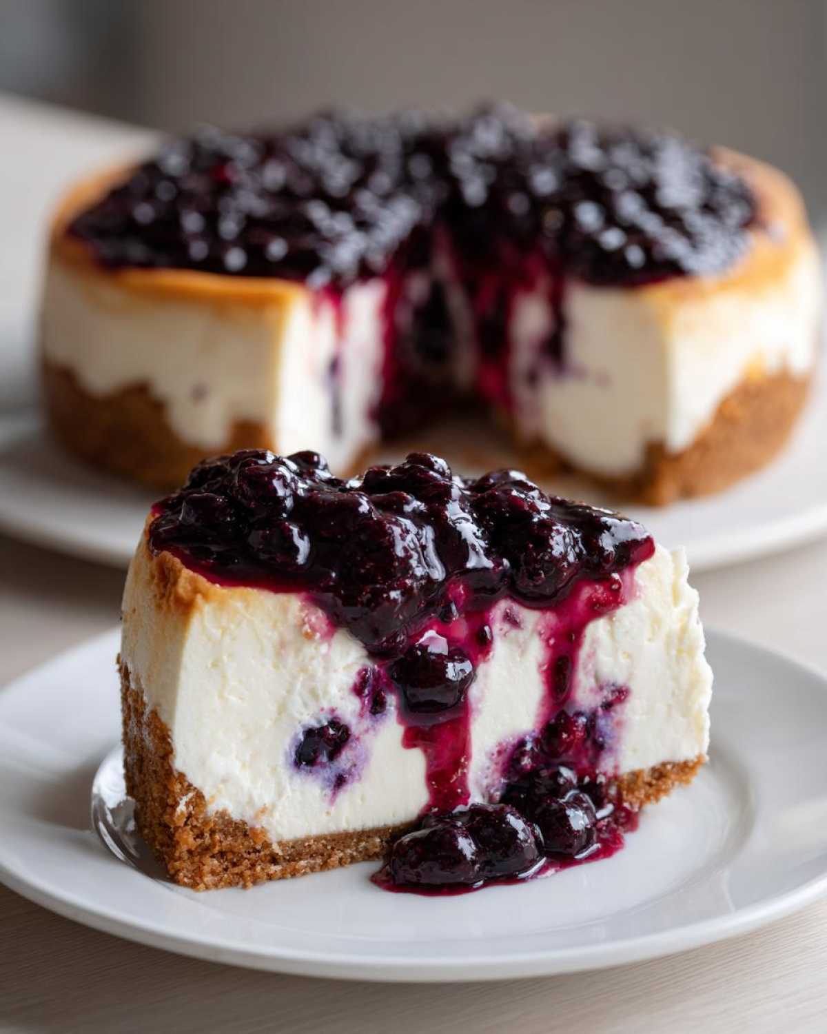 A close-up slice of creamy blueberry cheesecake with rich, dark blueberry topping dripping down the side.