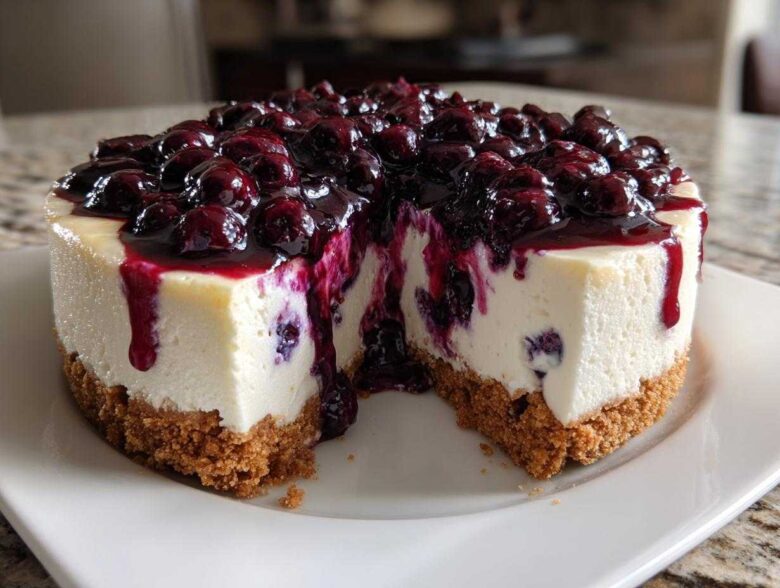A close-up of a slice removed from a rich blueberry cheesecake, showing the creamy filling and graham cracker crust.