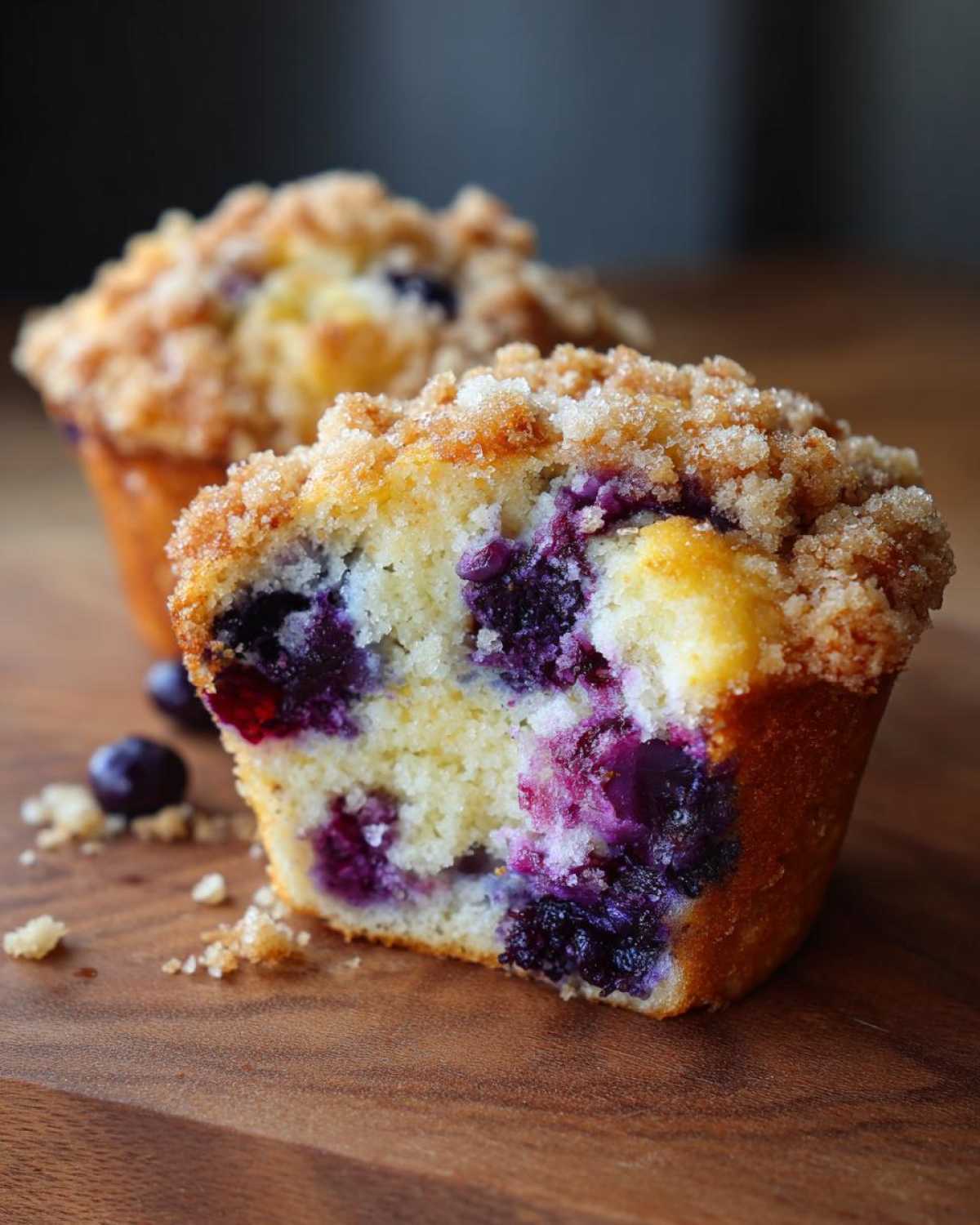Close-up of a perfectly baked blueberry muffin cut in half, showing moist crumb and burst blueberries, topped with streusel.