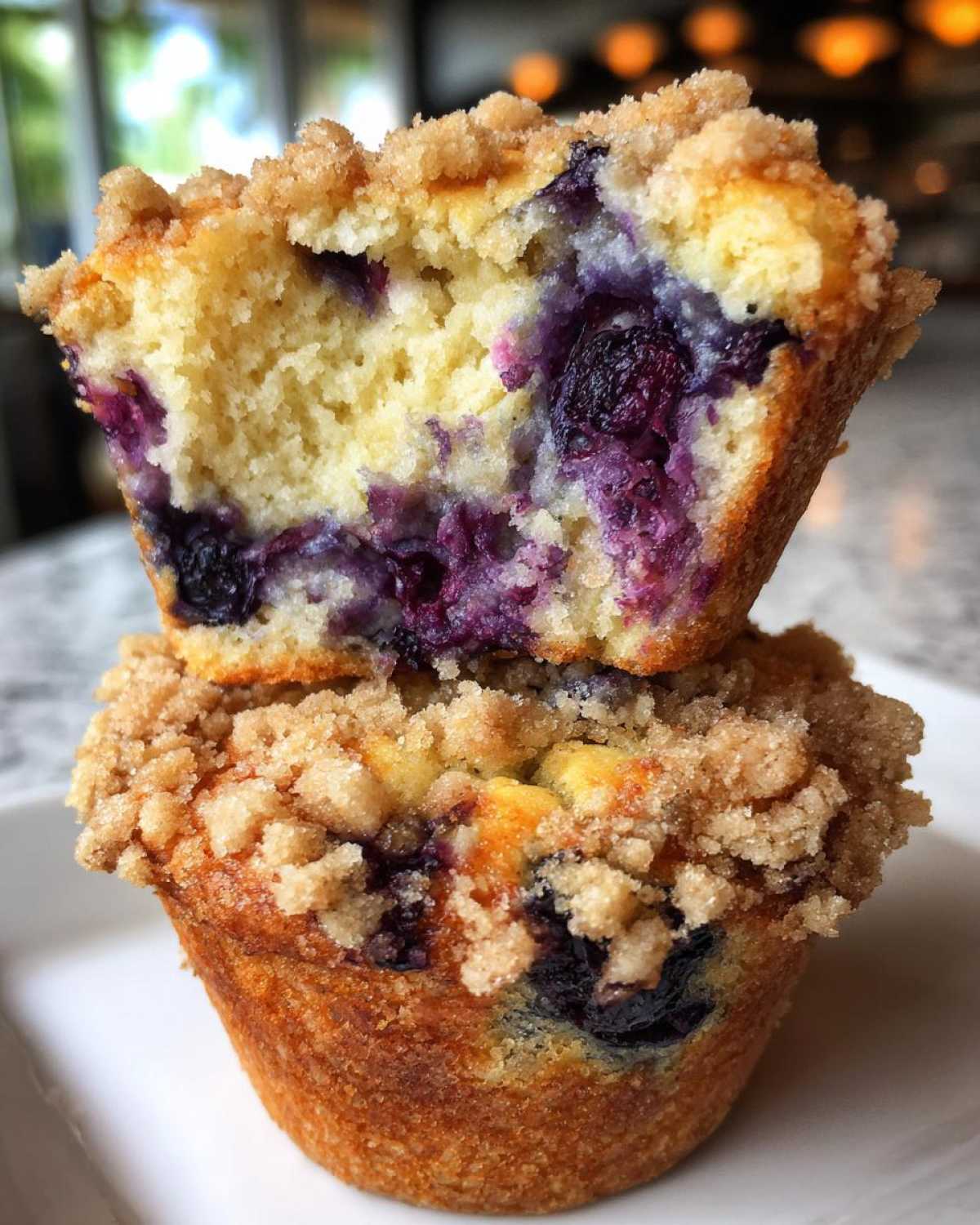 Two stacked blueberry muffins, one cut in half showing the moist interior and abundant blueberries, topped with streusel.